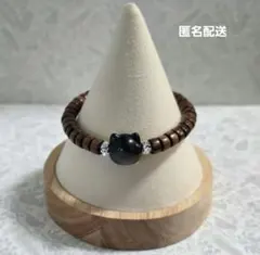 【天然石ブレス】シルバーオブシディアンの猫ちゃん×花梨の木×ボタンカット水晶