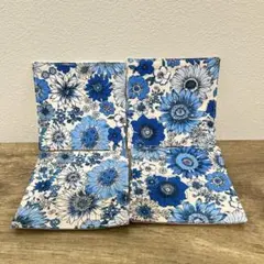 ハンドメイド　ブルー系のお花柄＆格子柄のコースター　４枚セット