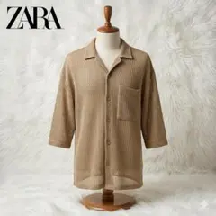 ZARA　メッシュ素材 ベージュ ボタンシャツ 五分袖