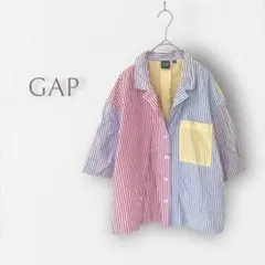 a131S【GAP/ギャップ】ストライプ 開襟シャツ 胸ポケット コットン 半袖