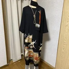 《LL 119cm》黒留袖リメイク ヨーク切り替え 七分袖 ワンピース 落款