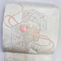 袋帯　銀駒刺繍　刺繍　牡丹　梅花　亀甲　七宝　青海波　花箱　着物　112t