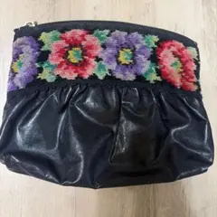 FEILER 花柄刺繍 黒ポーチ