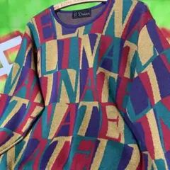 90s レトロ 総柄 ウールニット セーター マルチカラー 日本製 古着