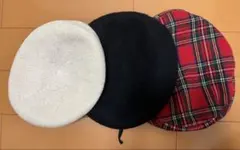 ベレー帽 3点セット ホワイト ブラック レッドチェック