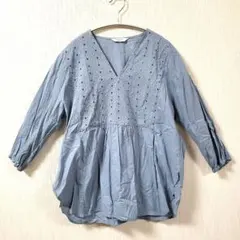 Samansa Mos2 blue 大人可愛い綿100%刺繍チュニック F