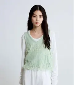 【新品未使用】JEANASIS フリンジニットベスト ライトグリーン