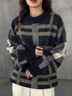 SHEIN FRIFUL チェック柄 ニット セーター オーバーサイズ ネイビー