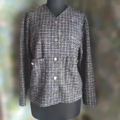 レディース　ラメ入りノーカラーツイードジャケット
