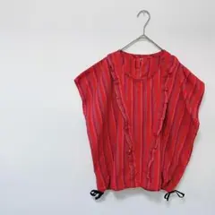 ブラウス　ストライプ　赤　F　古着　レトロ　個性的　フリル　カジュアル　美品