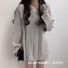 韓国♡人気ケーブル編みVネックニットワンピース 無地 セーター シンプル 3色
