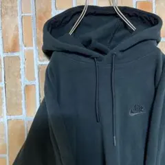 273NIKE90sナイキ刺繍ワンポイントボアフリースL黒古着パーカースウェット