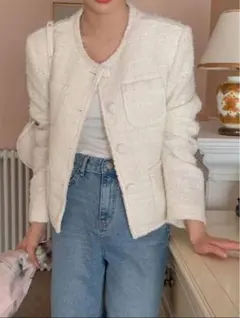 Dazy白 ツイード ノーカラージャケット