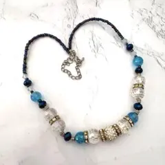 ビーズネックレス チョーカー ブルー クリスタル 涼しげ アジャスター付 初夏