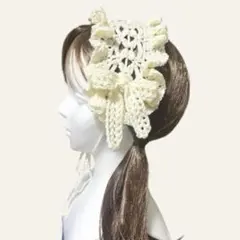 ハンドメイド　ヘッドドレス　フリル　バブーシュカ　リボン　クリーム色　白