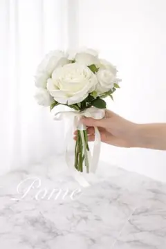 ホワイト　ウェディングブーケ　ブートニア　造花リボン付き
