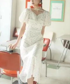 最終価格☆美品☆レディアゼル☆花柄ワンピース☆ホワイト☆清楚☆バルーンスリーブ