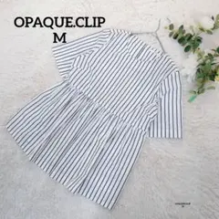 オペークドットクリップ 半袖ブラウス(M)グレーストライプ フレア フェミニン