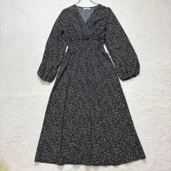 ♡ハドソンハニー【M】黒 白 ドット柄 ロングワンピース シャーリング 春秋