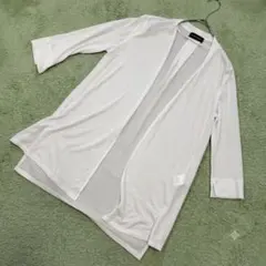 r113　​【美品】 ラメ混　シアー　ロング　カーディガン ホワイト M 七分袖のサムネイル