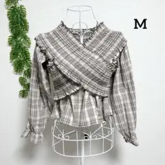 オフショルダー 長袖シャツ ブラウス M チェック柄 ブラウン ギャザー