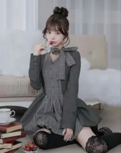 Darich ダーリッチ チェックストライプバルーンミニワンピース XS