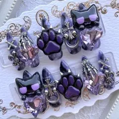 ネイルチップ 量産型 地雷 サブカル 天使界隈 紫 黒 猫 肉球 ハート 十字架