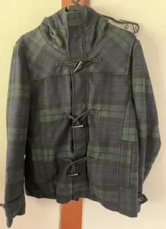 メンズ ダッフルコート 緑と黒のチェック柄 フード付き