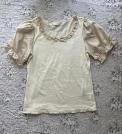 フリルネック パフスリーブ 半袖Tシャツ 綿ローンお袖のサムネイル
