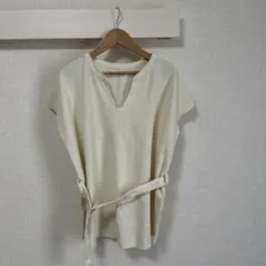 ワッフル素材 キーネック 半袖Tシャツ ウエストベルト付のサムネイル