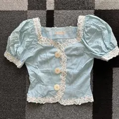 OVER TWENTY　水色　ストライプ　バルーン袖　昭和レトロ　ヴィンテージ