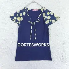 コルテスワークス◆ドット柄フレア袖半袖Tシャツ M ネイビー リボン Vネック♪のサムネイル