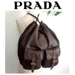 美品 プラダ ヴィンテージ レザー ナイロン 巾着 リュック レディース メンズ