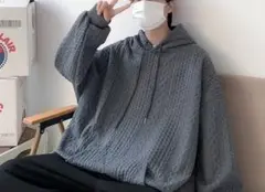 パーカー ユニセックス XL お揃い メンズ グレー 網目 韓国