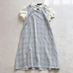 ハニーズ 白襟ドッキングワンピース チェック柄 パフスリーブ ミモレ丈