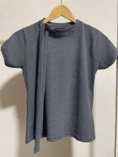 ハイネック リボンタイ ボーダー柄 パフ半袖Tシャツカットソーのサムネイル