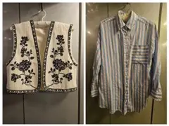 【最終値下げ】ZARA 花柄刺繍ジレ白黒+MINT VELVETストライプシャツ