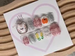 578.現品ネイルチップ　布風チェックぷっくりハートウサギフルーツらくがきネイル