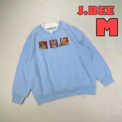 【J.BEE】トレーナー　スウェット　襟元重ね着風　猫さ刺繍　ブルー　レディース