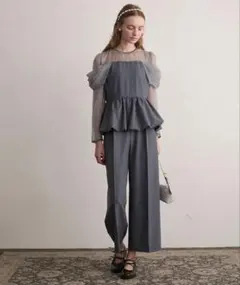 【BONLECILL noir】シアー切替ドレープショルダーペプラムパンツドレス