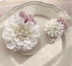 再販！大人気！　親子セットコサージュ　ホワイトフラワー×パープル