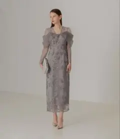 チュールロングスリーブリーフIラインワンピースドレス　S