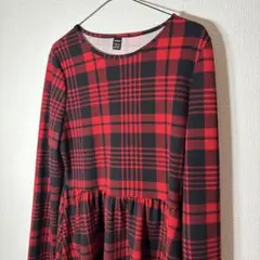 SHEIN 赤黒チェック柄　長袖　膝丈　ワンピース　L