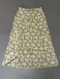 レディース　ロングスカート　オリーブグリーン 花柄 フレアスカート Lサイズ