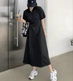 美品 ポロ衿フレアロングワンピース M private BEACH ブラック