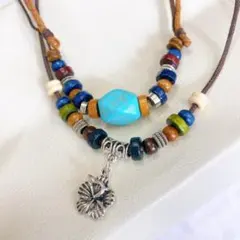 ウッドビーズ ターコイズ ネックレス フラワー 男女兼用 インディアン トルコ