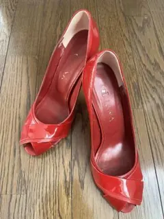 赤 エナメル オープントゥ ハイヒール 24.5cm