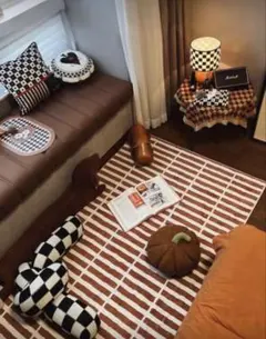 【未開封】チェック柄ラグマット ブラウン×ホワイト 120×180cm