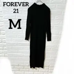 FOREVER 21 【M】ハーフジップ リブニットワンピース 黒 ロング