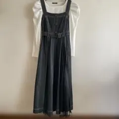 白パフスリーブカットソー&黒デニムレース加工ジャンパースカートSET